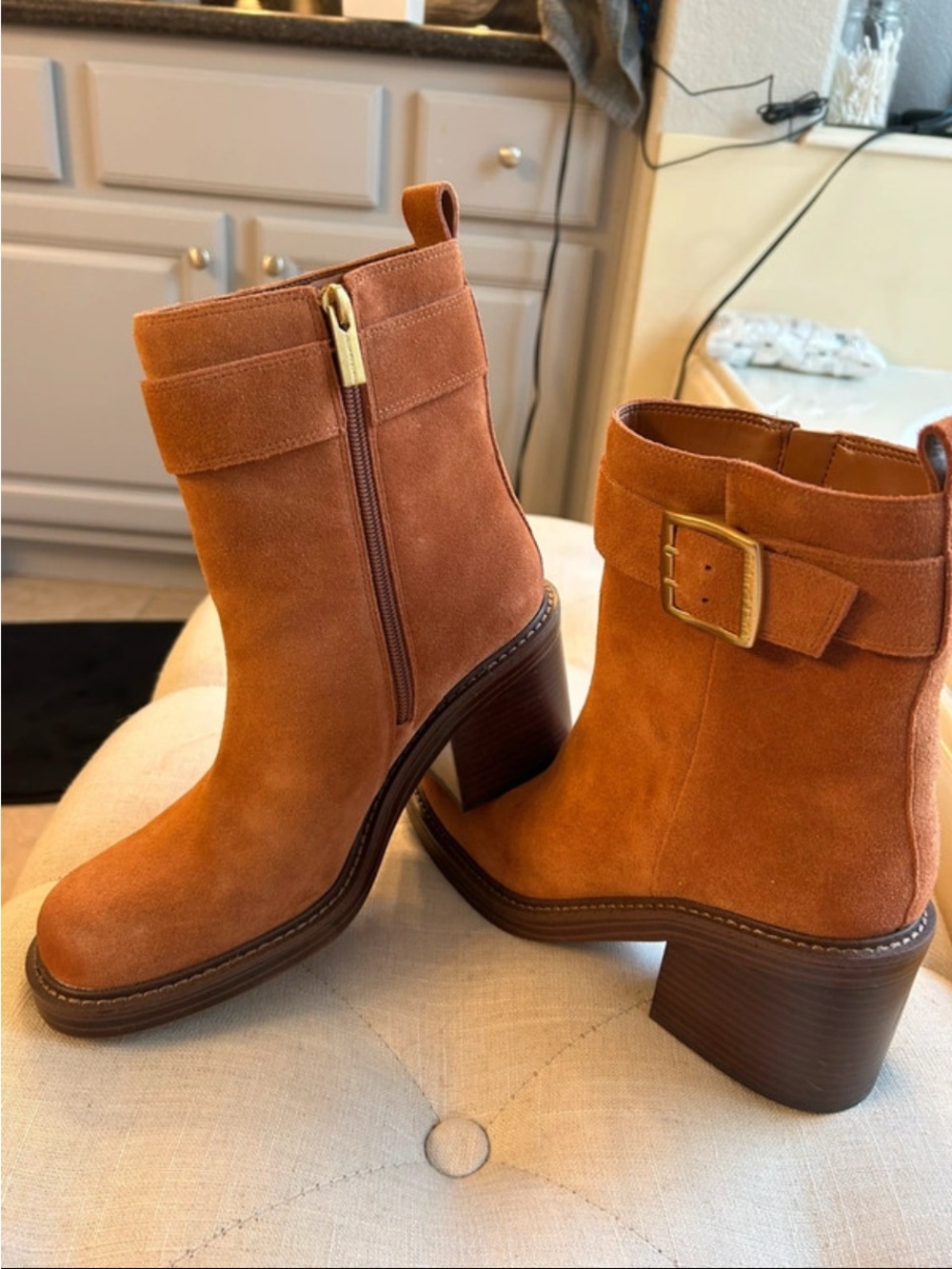 Vince Camuto Cognac Suede Buckle Ankle Boots